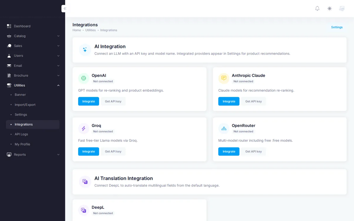 ERP integrations screen with OpenAI, Anthropic Claude, Groq, OpenRouter, and DeepL connectors