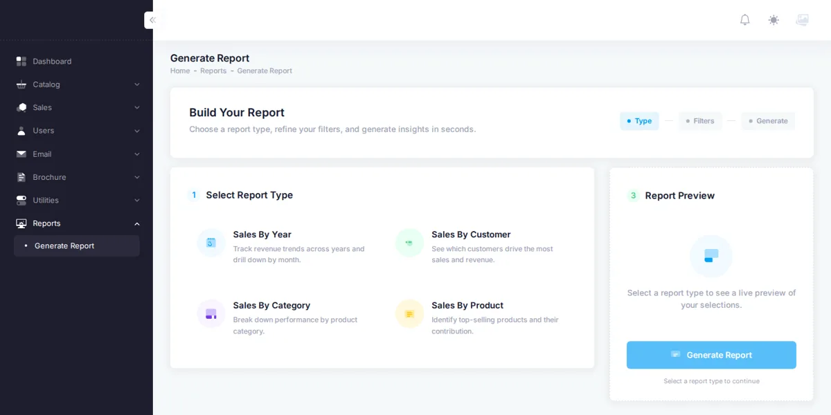 ERP report builder with Sales by Year, Sales by Customer, Sales by Category, and Sales by Product report types
